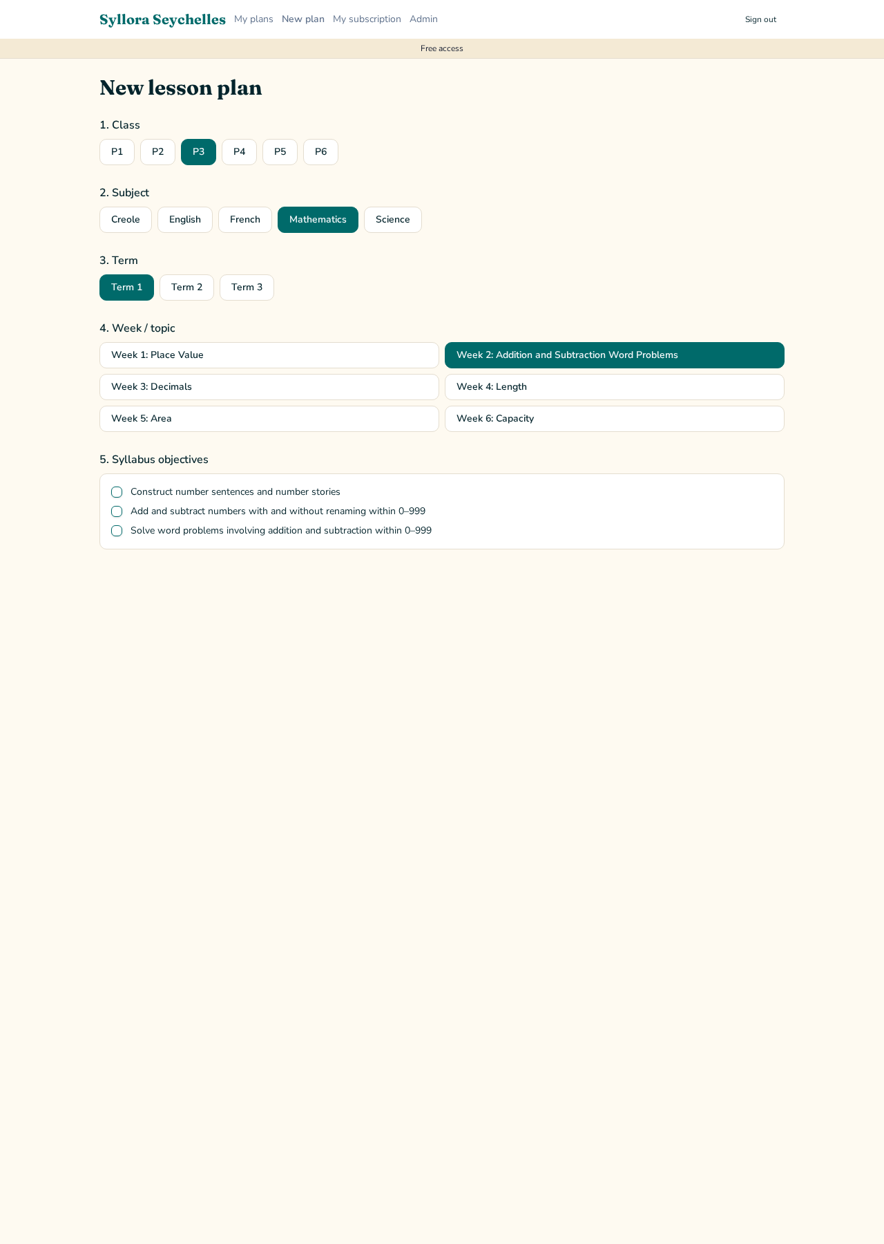 Choosing class, subject, term, week and syllabus objectives in Syllora