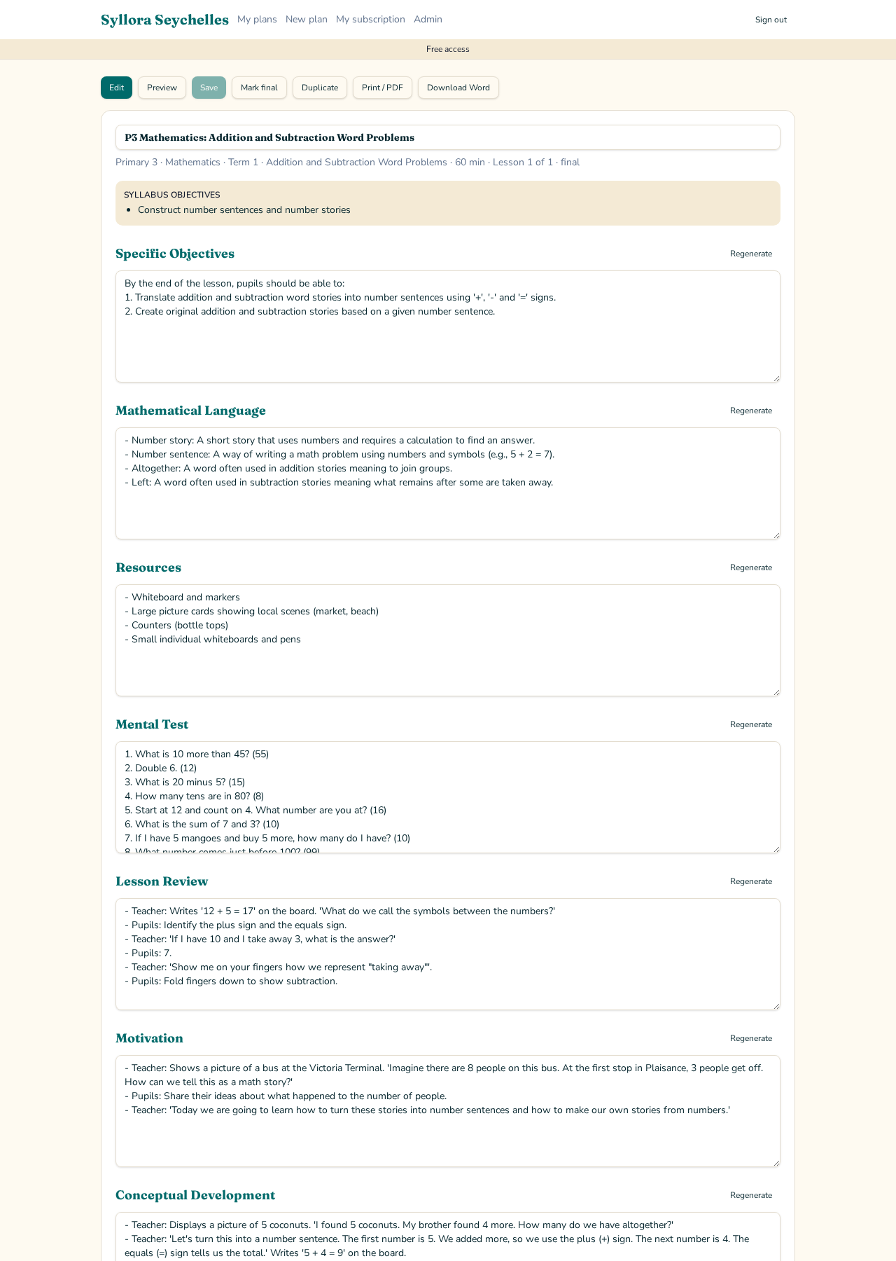 A generated Syllora lesson plan with editable sections