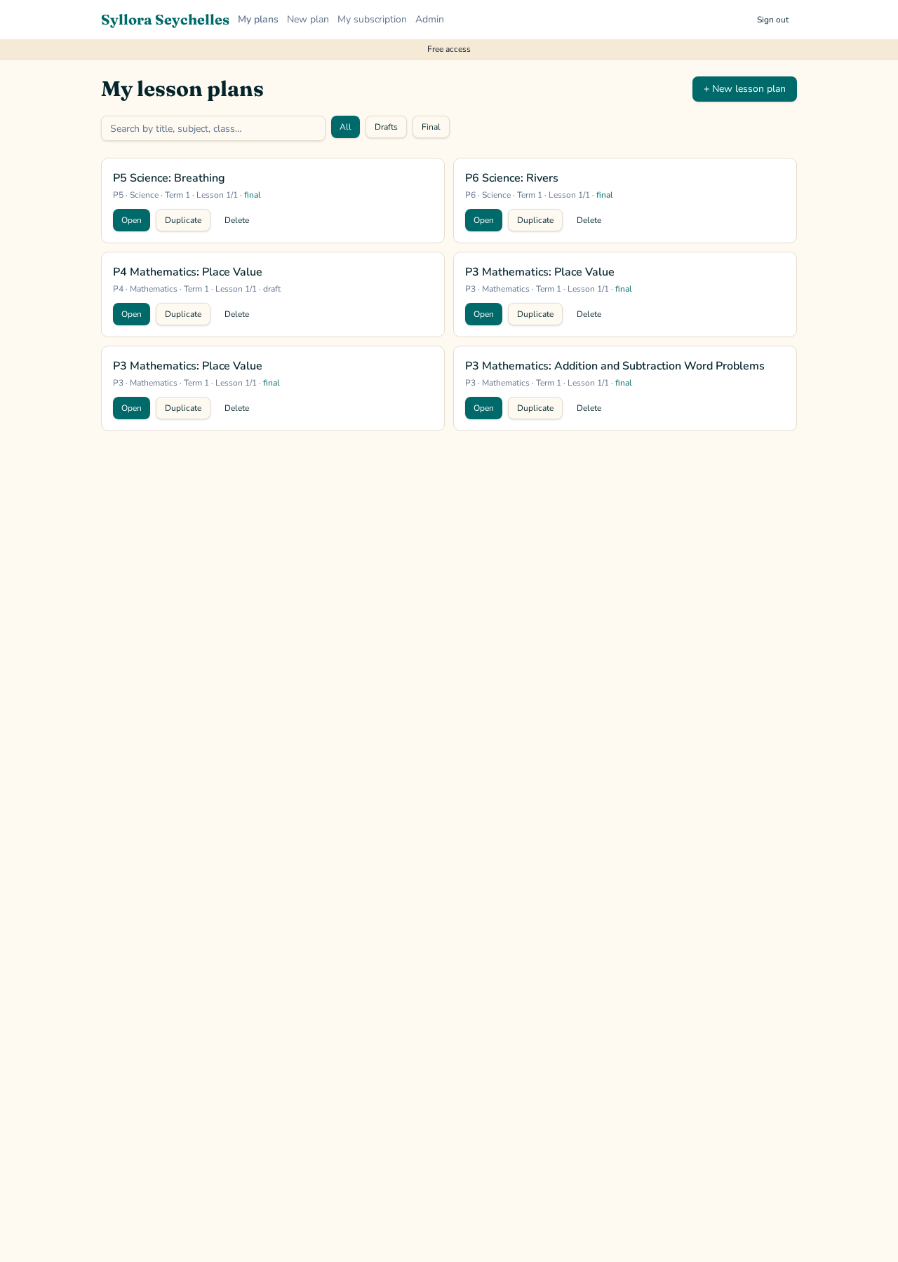 The My lesson plans page showing saved plans